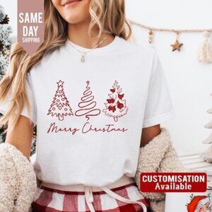 Glitter Effect Merry Christmas T-shirt, Tree Unisex Christmas Shirt
